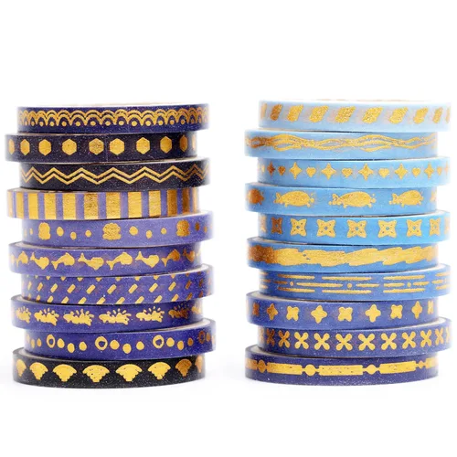 Juego de Cintas Washi Doradas Delgadas con Impresión Básica de Lámina, Cintas de Enmascarar Decorativas para Artes, Manualidades DIY, Diarios, azul