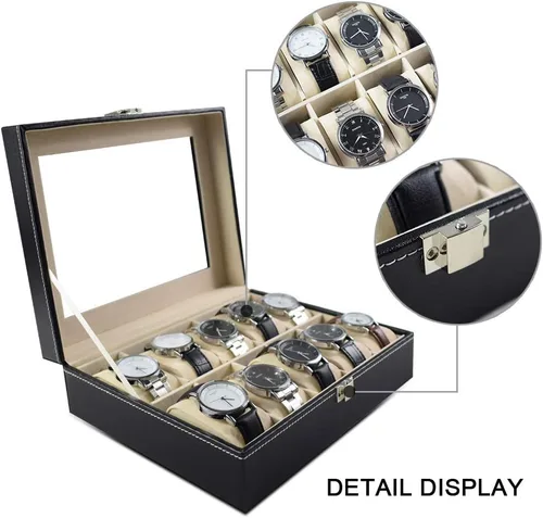 Miniatura 3 de GUKA Caja de reloj con 10 ranuras organizador de cristal real con cuero sintético para hombres y mujeres