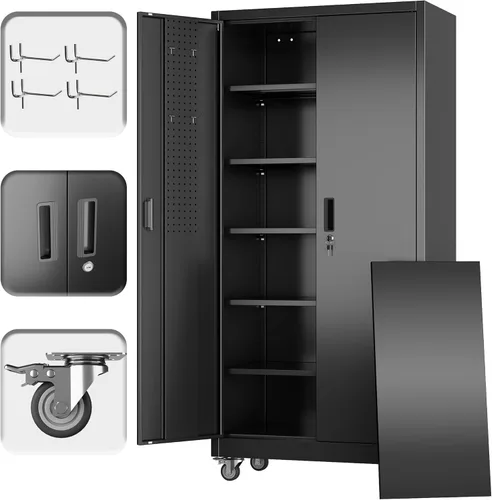 SUXXAN Armario de almacenamiento de garaje con ruedas y 5 estantes ajustables, 71 x 32 x 16 pulgadas, gabinete de metal con cerradura con puertas
