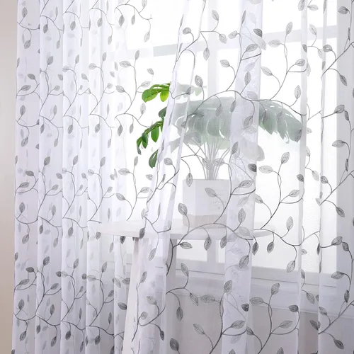 Miniatura 2 de Tollpiz Cortinas Cortas Transparentes de Hojas con Bordado de Hojas Grises, Cortinas de Dormitorio con Bolsillo para Barra, Voile de Lino Sintético