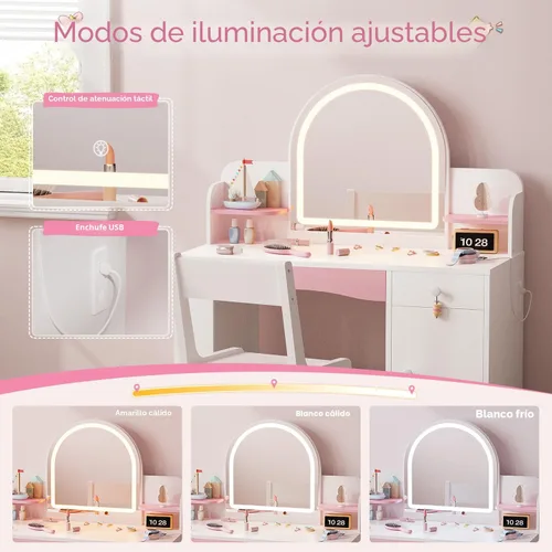 Miniatura 4 de Teckid Juego de tocador para niños con silla y luces, escritorio de maquillaje de princesa 2 en 1, mesa de tocador para niños pequeños con espejo