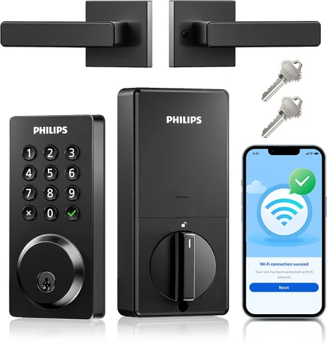 Philips Cerradura de puerta inteligente WiFi con asa, control remoto con aplicación WiFi integrada, cerraduras de puerta de entrada sin llave para