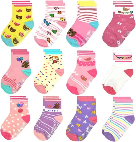 Miniatura 29 de Tphon Calcetines para niños pequeños con empuñaduras, 12 pares de calcetines antideslizantes de algodón para niños y niñas de 1 a 7 años