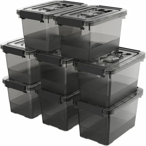Contenedores de almacenamiento de plástico negro con pestillo, paquete de 8 contenedores de plástico transparente con asa y tapa, multiusos, 4