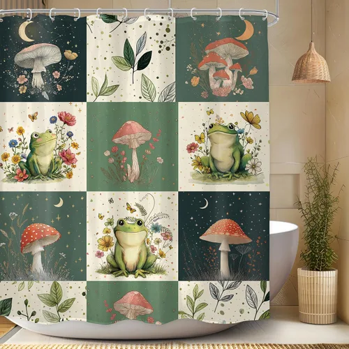 Miniatura 17 de Cortina de Ducha Divertida de Rana Juego de Baño 48 Pulgadas de Ancho x 71 Pulgadas de Alto Lindo Animal Retro Tomando Ducha Patito de Goma