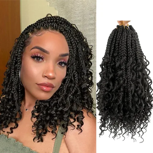 Miniatura 102 de Goddess Box Braids - Trenzas de cabello a ganchillo con extremos rizados, trenzas de caja bohemianas de 16 pulgadas, trenzas de ganchillo, 8 1B-4-30