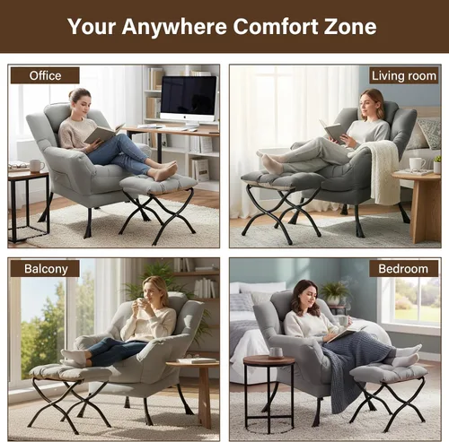 Miniatura 8 de Welnow - Silla perezosa con otomana, moderna silla de descanso con reposabrazos y bolsillo lateral, juego de sillón tapizado de ocio, sillón de Gris