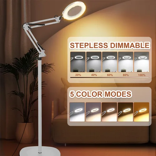 Miniatura 3 de LANCOSC 10X Lupa con luz y soporte, lámpara de pie oscilante ajustable 3-en-1, 5 modos de color, atenuación sin escalones, lupa manos libres con luz
