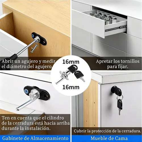 Miniatura 2 de Cerradura de émbolo de armario de cajón con llaves, 2 piezas de cerradura de gabinete de archivos de muebles para gabinetes de madera, cajones