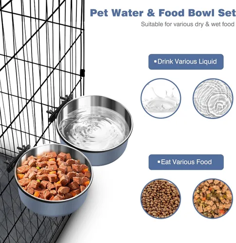 Miniatura 8 de Cuencos para perrera para jaulas, cuencos colgantes para jaulas de perros sin derrame, paquete de 2 cuencos de acero inoxidable para mascotas
