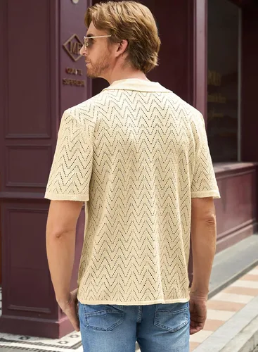 Miniatura 3 de JMIERR Suéter casual de punto de ganchillo para hombre, polo de manga corta, con botones, camisas de playa