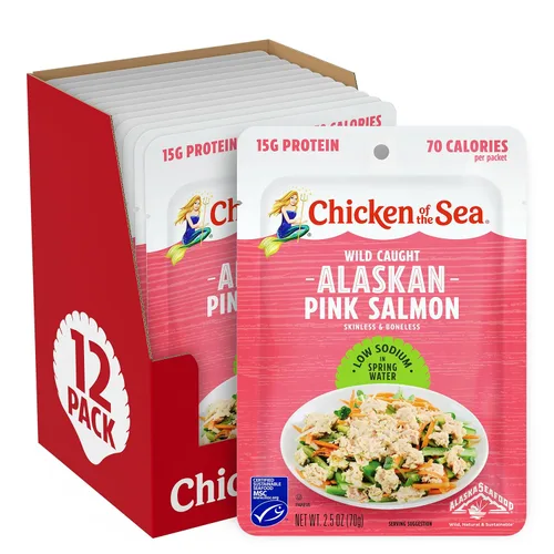 Miniatura 20 de Chicken of the Sea Salmón rosa de Alaska, paquetes de 2.5 oz. (Caja de 12), salmón capturado en la naturaleza, condimento para bagel de todo tipo