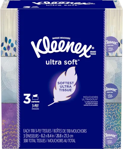 Kleenex Pañuelos faciales ultra suaves, 3 cajas planas, 110 pañuelos por caja (330 pañuelos en total)