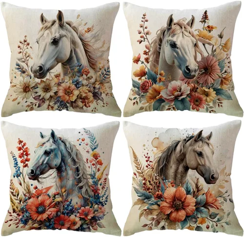 Miniatura 9 de ULOVE LOVE YOURSELF Paquete de 4 fundas de almohada de caballo con flores silvestres, fundas de almohada de caballo en acuarela rústica para Marrón