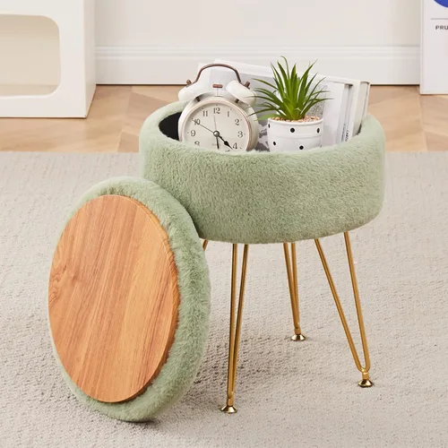 Miniatura 13 de Reposapiés Taburetes Redondos de Piel Sintética Otomana con Espacio de Almacenamiento Silla de Tocador Suave Asiento Mesa de Centro Otomana Mesa