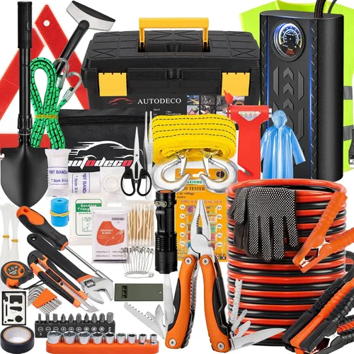 Miniatura 10 de Kit de asistencia de emergencia para automóvil con compresor de aire portátil, cables de puente, martillo de seguridad, todo en uno, juego de Negro