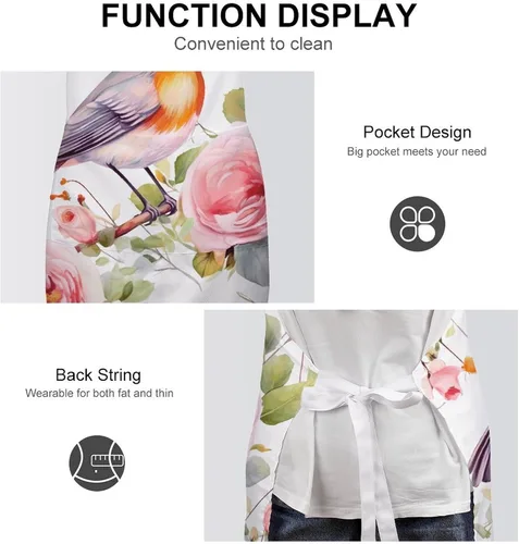 Miniatura 6 de Personalized Floral Print Watercolor Robin Bird Adult Apron, Kitchen Cooking Aprons for Woman Man, Adjustable Bib Apron with Pocket for Baking, BBQ
