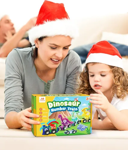 Miniatura 8 de Vanmor Juego de tren de dinosaurio de madera para niños pequeños, juguetes magnéticos de dinosaurios y tren de números, perfecto para actividades