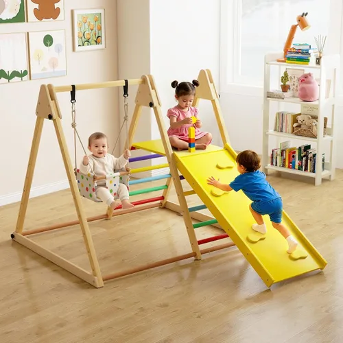 Miniatura 2 de OLAKIDS Gimnasio de la selva para interiores, 3 en 1 de madera plegable Montessori Juguetes de escalada para niños pequeños con escalera ajustable