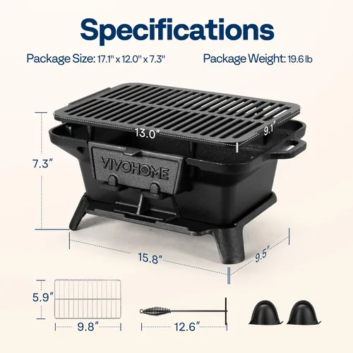 Miniatura 7 de VIVOHOME Parrilla de carbón rectangular de hierro fundido con rejilla de doble cara, parrilla de barbacoa portátil al aire libre, estufa de mesa