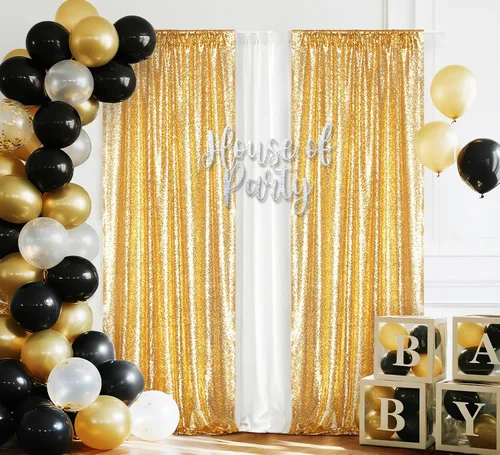 Juya Delight 2 cortinas de lentejuelas doradas de 2 x 8 pies, telón de fondo de fotos con purpurina para fiestas, cumpleaños, bodas, decoración de