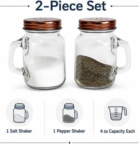 Miniatura 7 de Mason Jar - Juego de saleros y pimenteros de 4 onzas con asas, tapas de tono cobre, estilo rústico, estilo granja, cocina, comedor