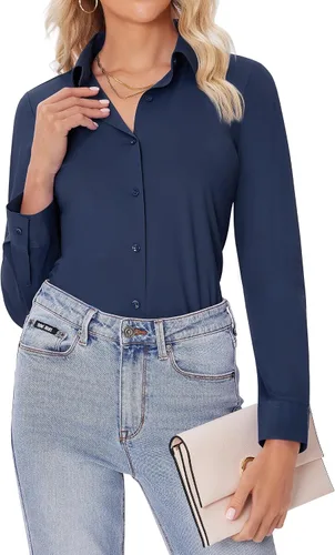 Miniatura 19 de siliteelon Camisas con botones para mujer, ajustadas, de manga larga, elásticas, de vestir, camisas de trabajo, sin arrugas, blusas de oficina