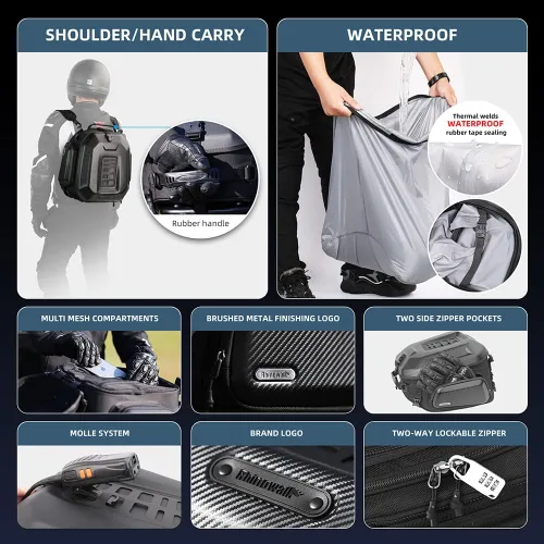 Miniatura 3 de Rhinowalk Bolsa Trasera para Motocicleta, Expandible de Cáscara Dura, Equipaje de Viaje de 12-18 L, Resistente al Agua, para Todo Tipo