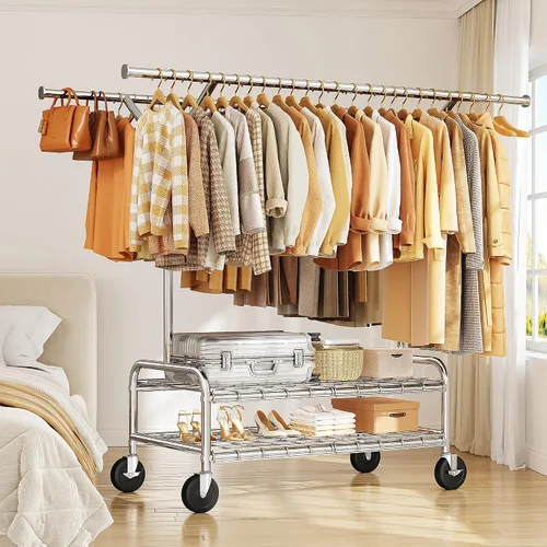 Miniatura 6 de Raybee Perchero de ropa resistente con carga de 500 libras, perchero con ruedas, doble barra para colgar ropa, perchero comercial portátil