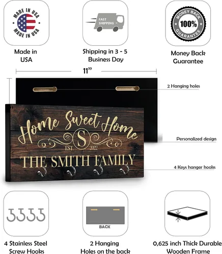 Miniatura 7 de Llavero personalizado para pared, colgador de llaves personalizado con apellido 12 diseños, 8 opciones de fondo Regalos de inauguración