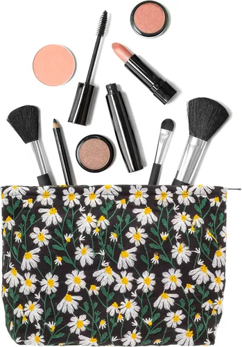 Miniatura 6 de Bolsas de maquillaje PAZIMIIK para bolso con cremallera, estuche cosmético, negro (Daisy Black), Floral