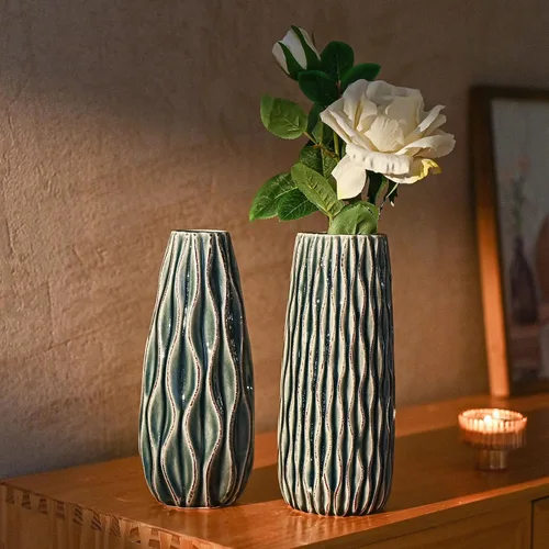Miniatura 2 de VICTOR & TERESA Jarrón de cerámica para flores, juego de 2 jarrones azules decorativos de 10 pulgadas para decoración del hogar, jarrones de granja
