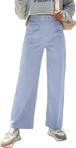 Dokotoo Pantalones cargo para mujer, holgados, de pierna ancha, cintura alta, pantalones casuales de jean elásticos