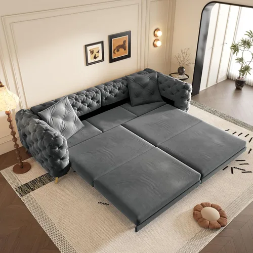 Miniatura 11 de Eafurn Sofá de dos plazas Chesterfield de gran tamaño 3 en 1, sofá cama convertible extraíble tamaño King con otomana movible y ribete de cabeza