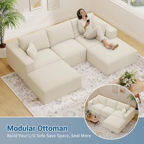 Miniatura 4 de Puf otomano de pana cuadrado de gran tamaño de 40 pulgadas, reposapiés suave con relleno de trozos de espuma, puf otomano grande movible para sala