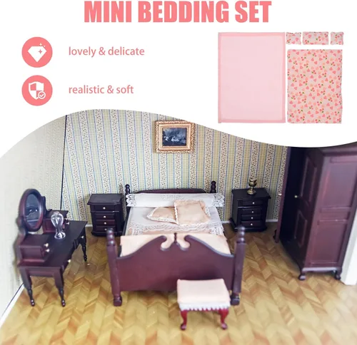 Miniatura 7 de Juego de ropa de cama de casa de muñecas rosa a escala 1:12, edredón de tela suave, sábana y 3 almohadas para escenas realistas de dormitorio