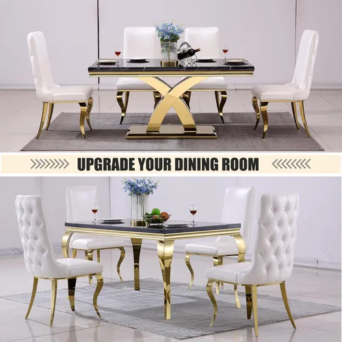 Miniatura 6 de AUZ Sillas de comedor blancas y doradas, sillas tapizadas de piel sintética blanca con respaldo copetudo y patas curvadas de acero inoxidable