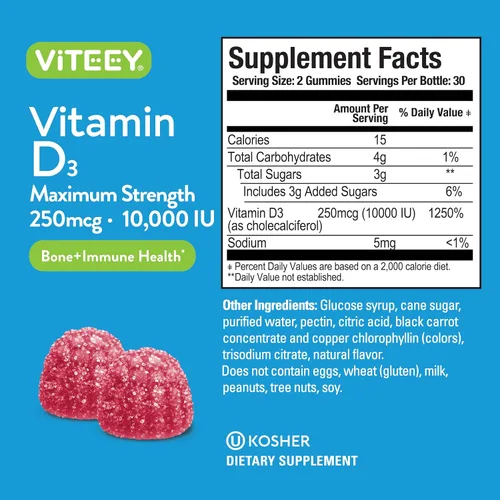 Miniatura 4 de Viteey Gomitas de vitamina D3 para adultos y adolescentes, 10,000 UI, 250 mcg, máxima fuerza, salud de las articulaciones y los músculos, refuerzo