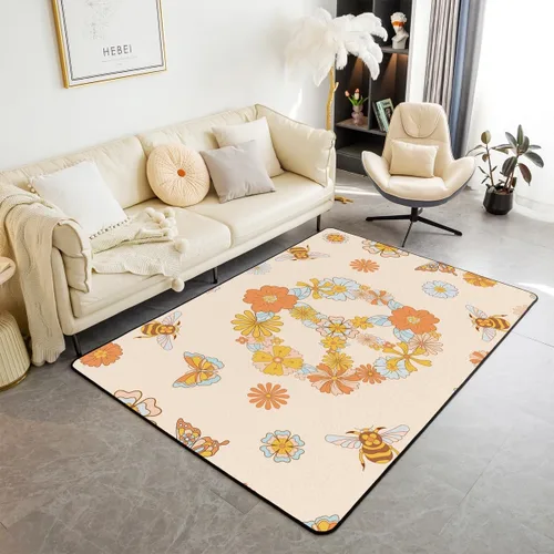 jejeloiu Hippie Peace Art Living Room Rugs Retro Hippie Flower Area Rug for Kids Boys Teens Butterfly Bee Peace Sign Artwork 60S 70S Groovy Floral