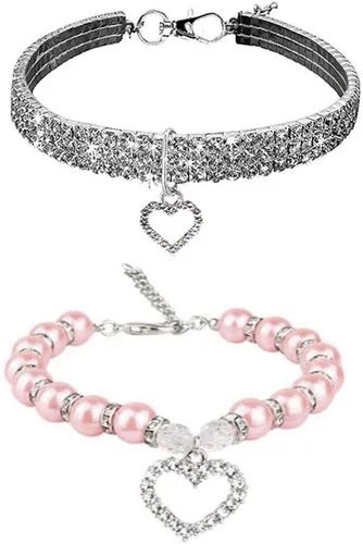 Miniatura 6 de Juego de collar de perro de diamantes de imitación y collar de perlas para perro, correa ajustable para el cuello, collar de perlas de cristal de 4