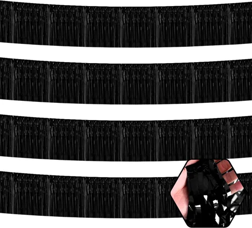 Paquete de 4 guirnaldas de flecos de papel de aluminio negro de 10 pies con serpentinas metálicas de oropel para colgar en la pared, telón de fondo