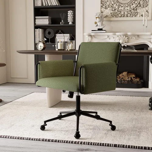 Miniatura 8 de Rowill Silla de oficina moderna, silla de escritorio giratoria, tela Green Boucle, altura ajustable, capacidad de 300 libras, ruedas, reposabrazos