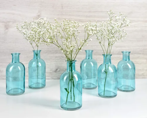 Miniatura 2 de Serene Spaces Living Juego de 6 jarrones de botella de medicina para flores de tallo largo - Tamaño pequeño, juego de jarrones turquesa Pequeño azul