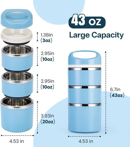 Miniatura 3 de Lille Home Contenedores de Almuerzo Apilables de Acero Inoxidable, Capacidad de 43OZ 3 Capas Caja Bento a Prueba de Fugas para Adultos, Lonchera