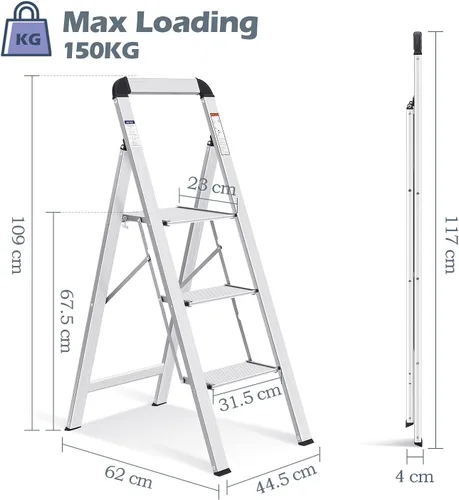 Miniatura 4 de KINGRACK Escalera de aluminio de 3 escalones, taburete ligero con pedales antideslizantes, pasamanos, escalera plegable de 330 LBS para cocina