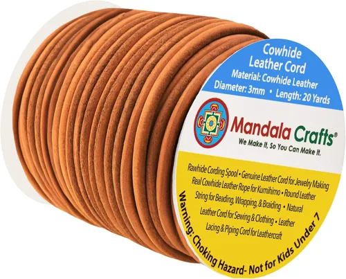 Miniatura 16 de Mandala Crafts Cordón Redondo de Cuero de Piel de Vaca Genuino Beige para Fabricación de Joyas Kumihimo Carrete de Cuerda de Cuero - Cordón