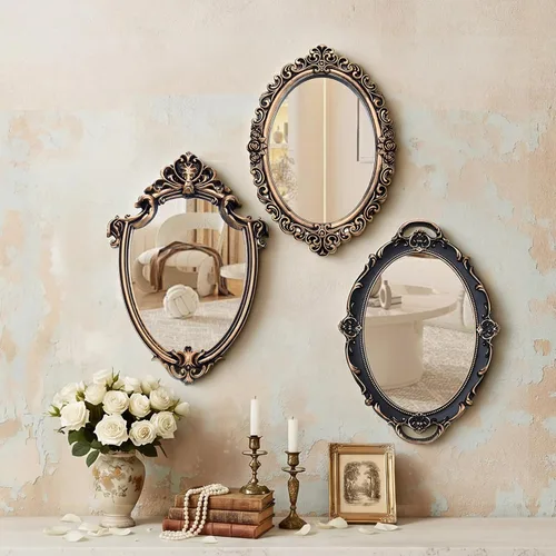 Beeveer Juego de espejos vintage de 3 estilos, espejo decorativo ovalado de pared, pequeño y antiguo estético, colgante retro para dormitorio, sala