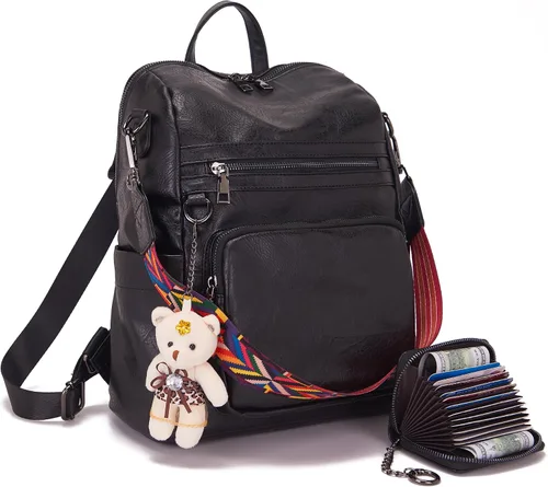 Qiyuer Mochila de piel sintética para mujer, bolso de hombro convertible de viaje para mujer, color negro