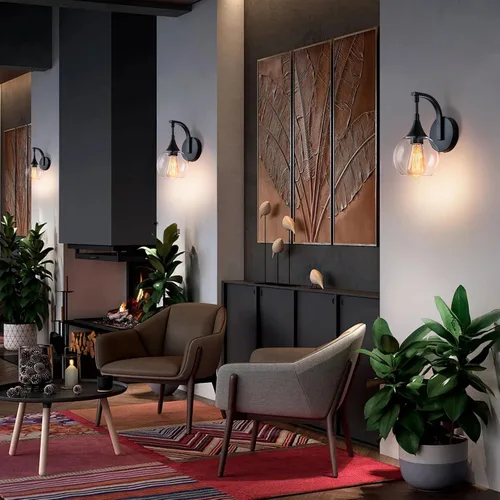 Miniatura 4 de Juego de dos apliques de pared negros, lámpara de pared moderna con pantalla de vidrio transparente, accesorios de iluminación de tocador de baño