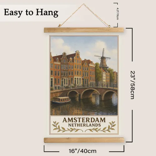 Miniatura 2 de Póster artístico de pared de Ámsterdam Holanda, impresión vintage de viajes de casas del canal y molino de viento, rollo colgante de lienzo de lino